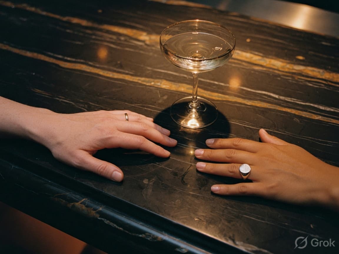 Two hands almost touching across a dark marble bar