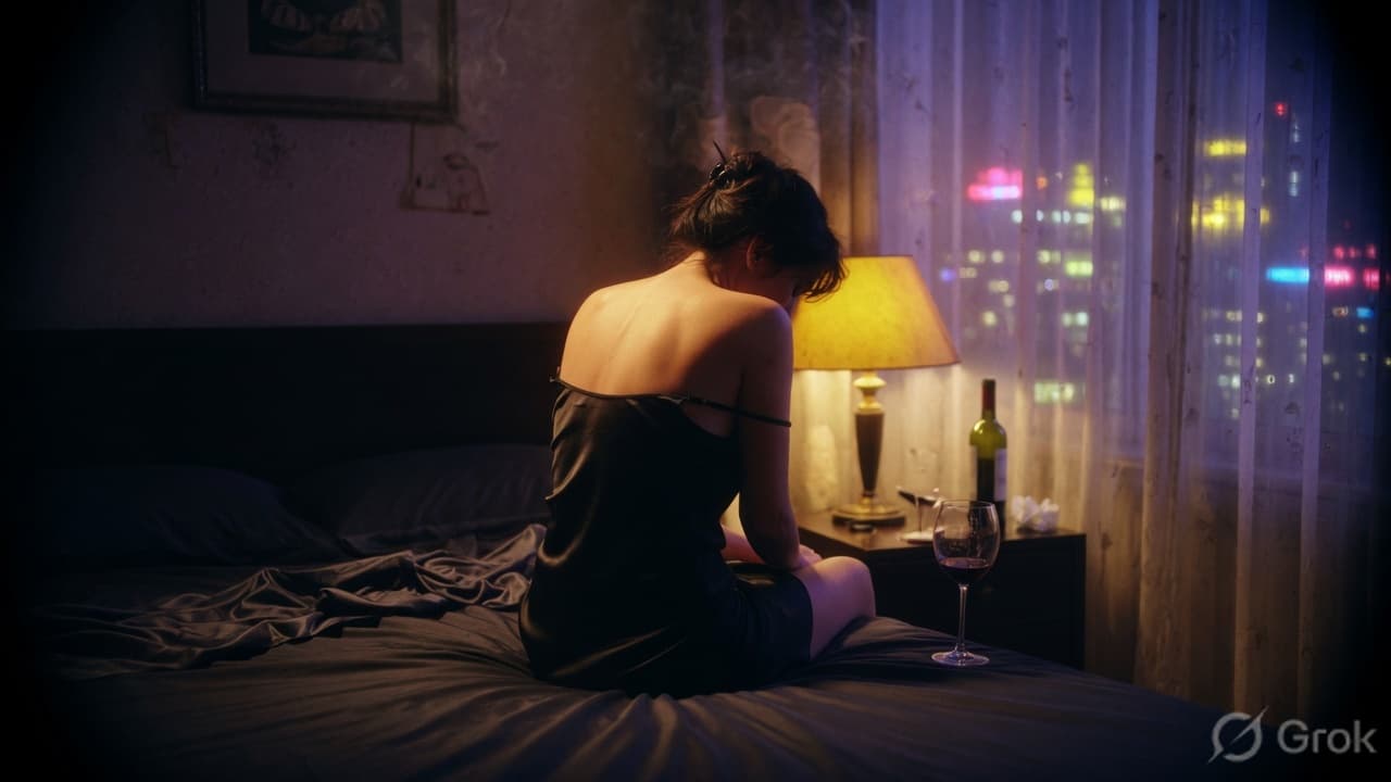 A person sits on a hotel bed at night, back to the camera, city lights in the window